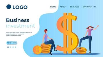 Business investment.Assistance to business projects.Joint business regulation.People and coins are a symbol of helping businesses.The template of the landing page.Flat vector illustration.