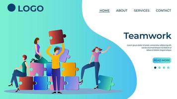 Teamwork.The concept of collaboration and unity.Group problem solving.People put together puzzles.Brainstorming and searching for ideas.The template of the landing page.Flat vector illustration.