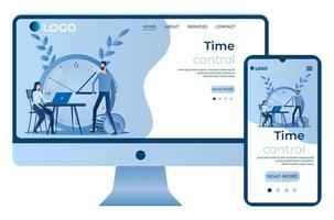 Time control.Time-management.Planning and solving tasks.People at the Desk .Site template, landing page concept.The adaptive design.The screen of the smartphone and the computer.Vector illustration. vector