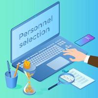 Personnel selection.Isometric image of a businessman at his workplace engaged in recruitment.Laptop and magnifying glass as a search symbol.Vector illustration. vector