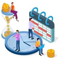 Isometric image of business activity monitoring.Time control Time management Efficiency of working time.Planning of the workflow.Clock calendar and working people.Collaboration. vector