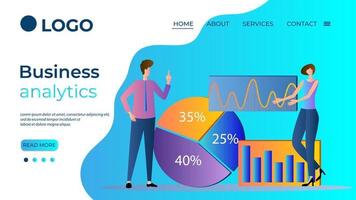 análisis de negocios. trabajo en equipo de personas involucradas en análisis de negocios. gráficos y tablas. la plantilla de la página de destino. ilustración vectorial plana. vector