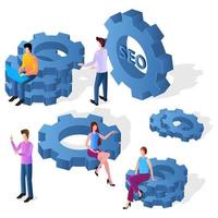 Business mechanism and SEO promotion.Links of gears as a symbol of work.People are engaged in business promotion.Strategic analysis and business communication.Isometric vector image.