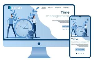 Time-management.Concept of time control, business process.People, money and watches as a symbol.Site template, landing page concept.The adaptive design.The screen of the smartphone and the computer.Vector illustration. vector