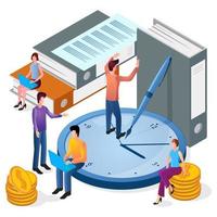 Isometric image people are doing office work.Time-management.Teamwork and time control.People, watches, folders, and papers.The concept of corporate communication. vector