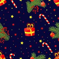 Seamless pattern with red christmas tree, gifts on blue background. vector