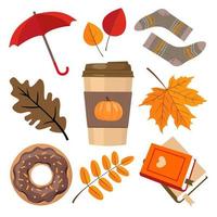 conjunto de elementos de otoño - taza de papel de café. paraguas, donut con chispas, pila de libros, hojas. vector