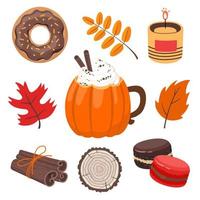 Autumn elements set - pumpkin cup, leaves, wooden spade, glazed donut, candle, cinnamon, macaroons .