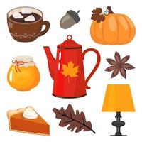 conjunto de elementos de otoño: ataúd rojo, calabaza, taza de café, anís estrellado, pastel de calabaza, luminaria. vector