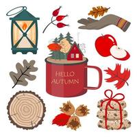 Autumn clipart set - mug with greeting, lantern with candle, wooden saw, stack of oatmeal cookies with chocolate. umbrella, donut with sprinkles, stack of books, leaves . vector