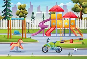 parque infantil parque público paisaje con tobogán, columpio, bicicleta y juguetes ilustración de dibujos animados vector