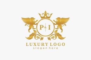 plantilla de logotipo de lujo real de león de letra pi inicial en arte vectorial para restaurante, realeza, boutique, cafetería, hotel, heráldica, joyería, moda y otras ilustraciones vectoriales. vector