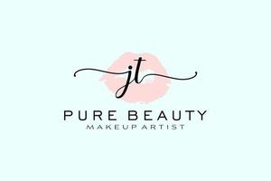 diseño de logotipo prefabricado inicial de labios de acuarela jt, logotipo para marca comercial de artista de maquillaje, diseño de logotipo de boutique de belleza rubor, logotipo de caligrafía con plantilla creativa. vector