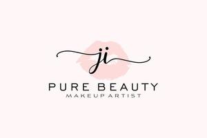 diseño de logotipo prefabricado inicial de labios de acuarela ji, logotipo para marca comercial de artista de maquillaje, diseño de logotipo de boutique de belleza rubor, logotipo de caligrafía con plantilla creativa. vector