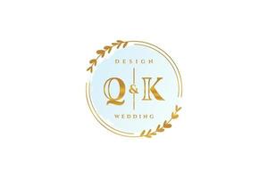 Initial QK beauty monogram and elegant logo design handwriting logo of initial signature, wedding, fashion, floral and botanical with creative template. vector