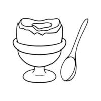 Monochrome image, half of a boiled chicken egg on a ceramic stand, spoon, vector illustration in cartoon style on a white background