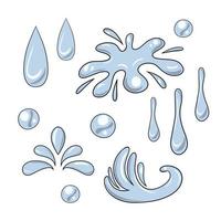 colección de iconos de colores, varias salpicaduras, olas y gotas de agua, ilustración vectorial en estilo de dibujos animados, sobre un fondo blanco vector