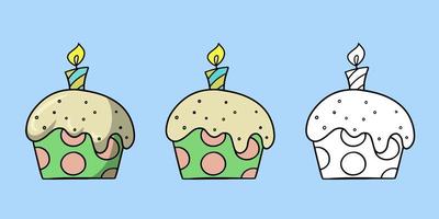 A horizontal set of images, a festive muffin with a candle. Delicious cupcake with colorful sugar crumbs, vector illustration in cartoon style