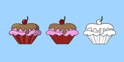 Horizontal set of pictures, delicious cupcake with delicate chocolate cream and cherry berry, vector illustration in cartoon style