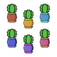 Set of colored icons, round green cacti in different ceramic pots, vector illustration in cartoon style