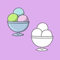 A set of images, balls of fruit ice cream in a silver glass, vector illustration in cartoon style on a colored background