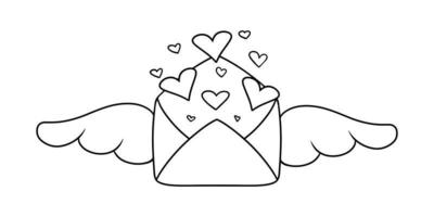 Monochrome beautiful romantic closed envelope with wings and hearts in cartoon style, declaration of love, vector illustration