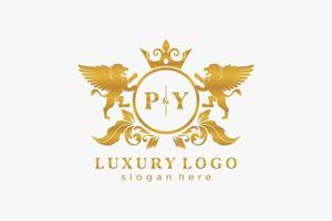 Initial PY Letter Lion Royal Luxury Logo template in vector art for Restaurant, Royalty, Boutique, Cafe, Hotel, Heraldic, Jewelry, Fashion and other vector illustration.