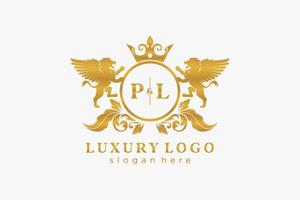 Initial PL Letter Lion Royal Luxury Logo template in vector art for Restaurant, Royalty, Boutique, Cafe, Hotel, Heraldic, Jewelry, Fashion and other vector illustration.