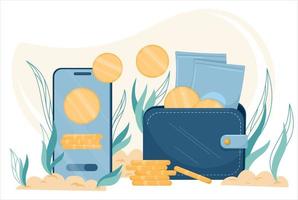 Turning digital money into real money. The money on the smartphone flows into the wallet. Money transfer smartphone, mobile payments vector illustration concept