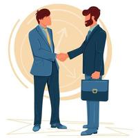 Two businessmen wearing smart suits shake hands. Dealing gesture as a result of agreement. Successful cooperation vector illustration concept