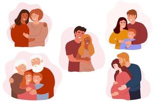 A set of different families, groups of people. Happy pregnant woman, lesbian couple, grandmother with grandchildren, lovers, parents with baby. Vector graphics.