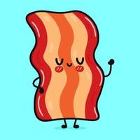 Cute funny bacon waving hand. Vector hand drawn cartoon kawaii character illustration icon. Isolated on blue background. Bacon character concept