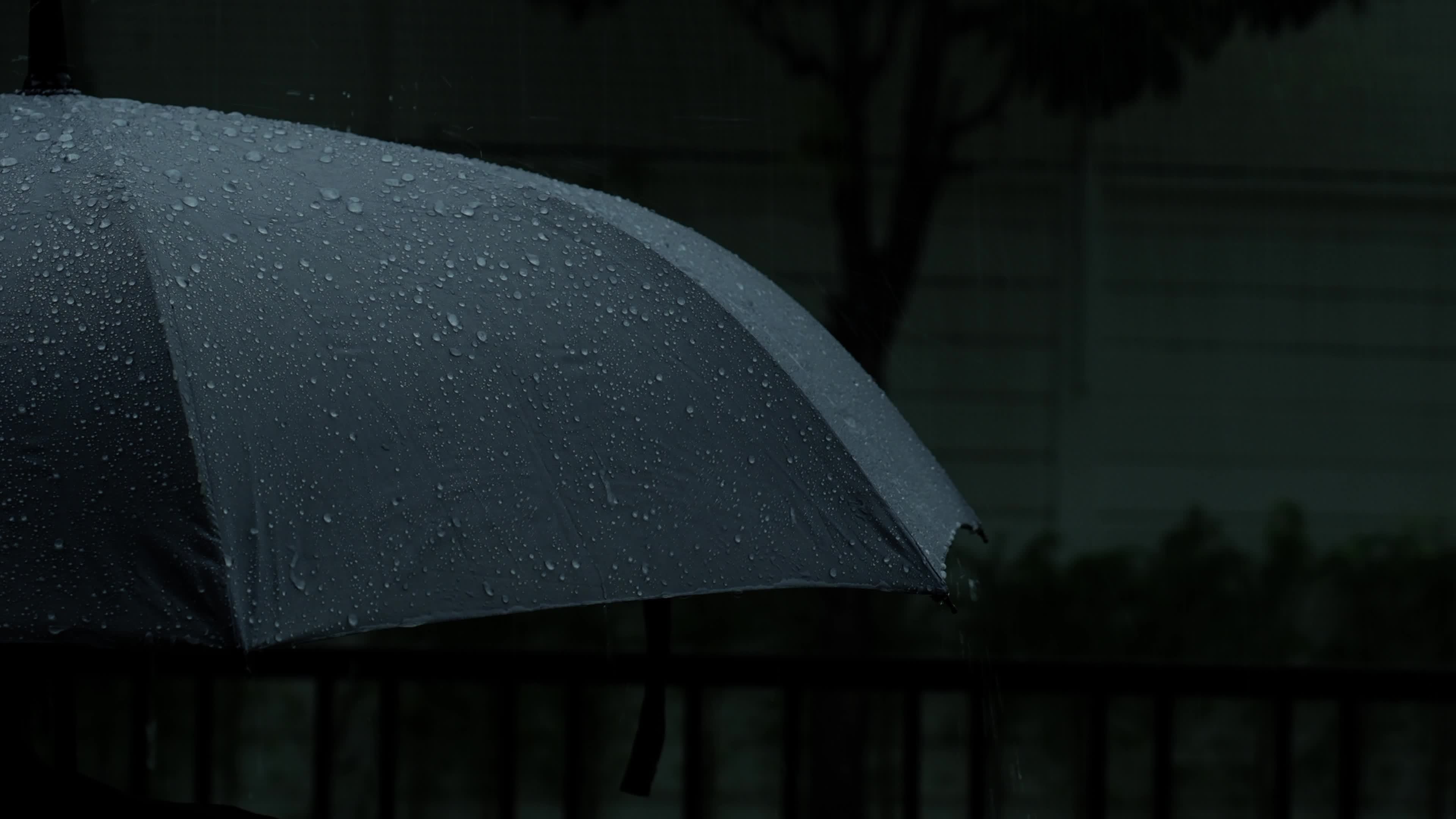 Rain on grey umbrella. Silver umbrella in the rain on evening Bangkok