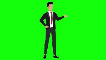 businessman talking animation shows something beside of him 4k green screen free video