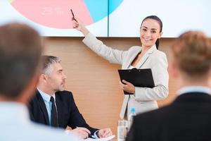 Talking about achievements. Confident young woman in formalwear pointing projection screen and smiling while making presentation in conference hall with people on foreground photo