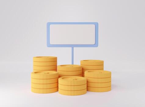 3D coins stack on white background. Saving money and investment concept with stack of golden coins and empty sign. 3D rendering. photo