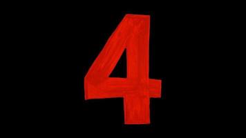 Red number four drawn gouache. Isolated on a black background. Figure hand drawn by paint photo