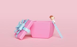 pink open gift box empty with 3d cartoon character boy, climbing stairs isolated on pink background. christmas and new year day concept, minimal abstract, 3d render illustration photo