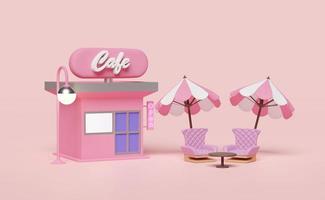 shop store cafe 3d with label open, coffee table, umbrella, sofa chair isolated on pink background. summer travel, 3d render illustration photo