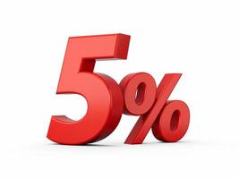 3d Red 5 Five Percent Sign on White Background 3d illustration photo