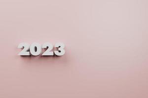 Extruded white numbers 2023 new year on pink wall background 3d render. photo