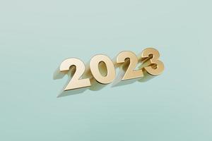 Extruded gold numbers 2023 new year on blue background 3d render. photo