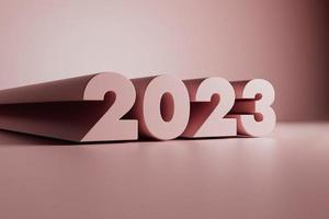 Extruded pink numbers 2023 new year on pink background 3d render. photo