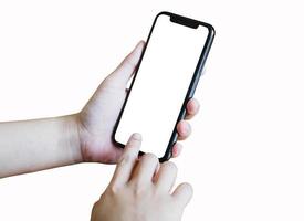 teléfono inteligente con diseño de maqueta de dos manos foto