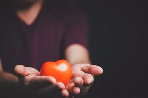 Hands holding and giving red heart for love, health care, organ donation, world heart day, world health day, mindfulness, well being, family insurance concept. photo