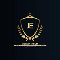 JE Letter Initial with Royal Template.elegant with crown logo vector, Creative Lettering Logo Vector Illustration.