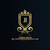 JI Letter Initial with Royal Template.elegant with crown logo vector, Creative Lettering Logo Vector Illustration.