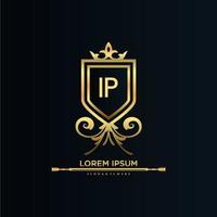 IP Letter Initial with Royal Template.elegant with crown logo vector, Creative Lettering Logo Vector Illustration.