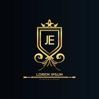 JE Letter Initial with Royal Template.elegant with crown logo vector, Creative Lettering Logo Vector Illustration.