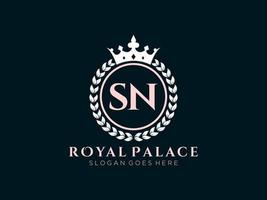 Letter SN Antique royal luxury victorian logo with ornamental frame. vector